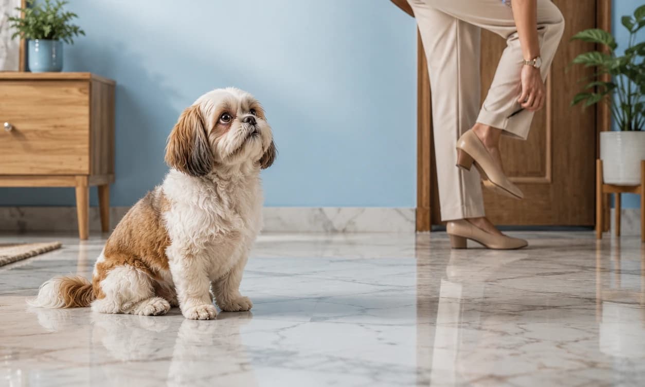 A dog sits on the marble floor and watches its person walk out of the front door