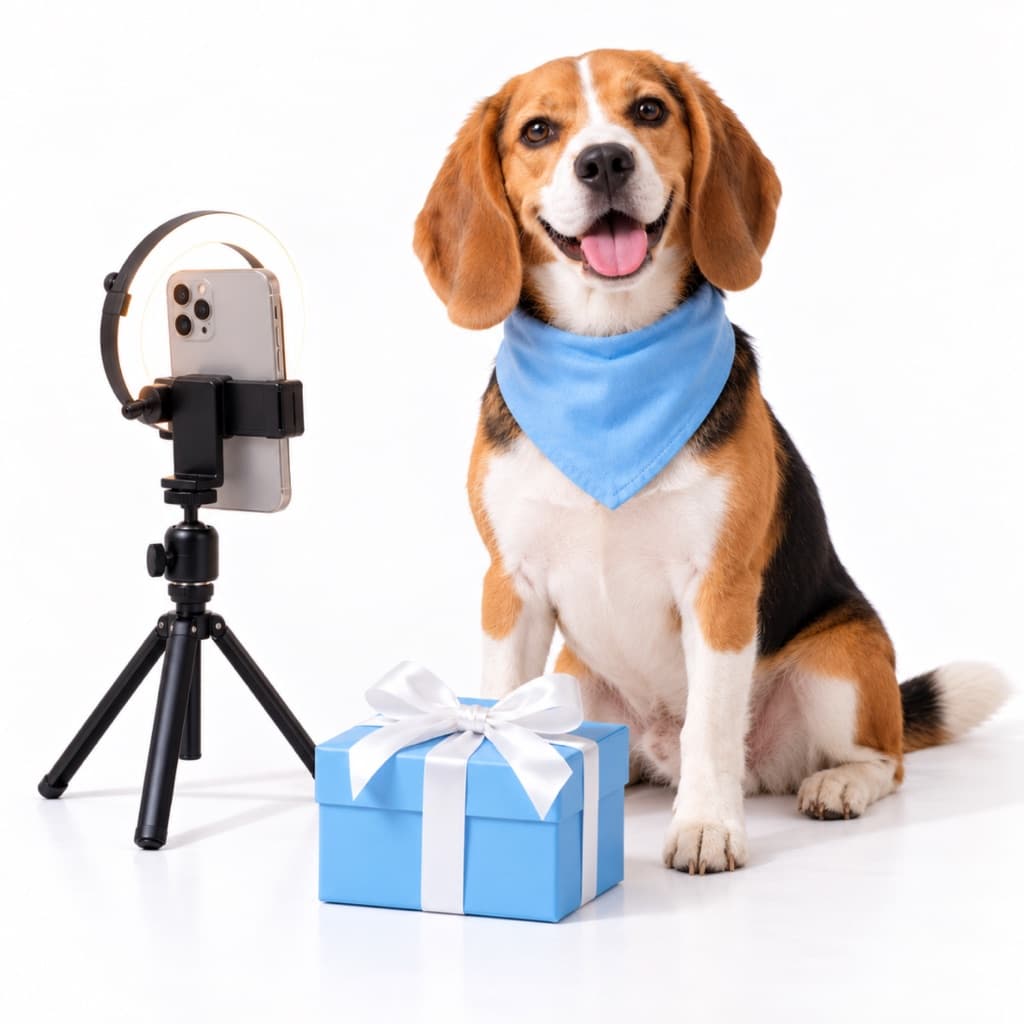 A beagle in a light blue bandana sitting proudly beside a phone on a little tripod and a light blue gift box