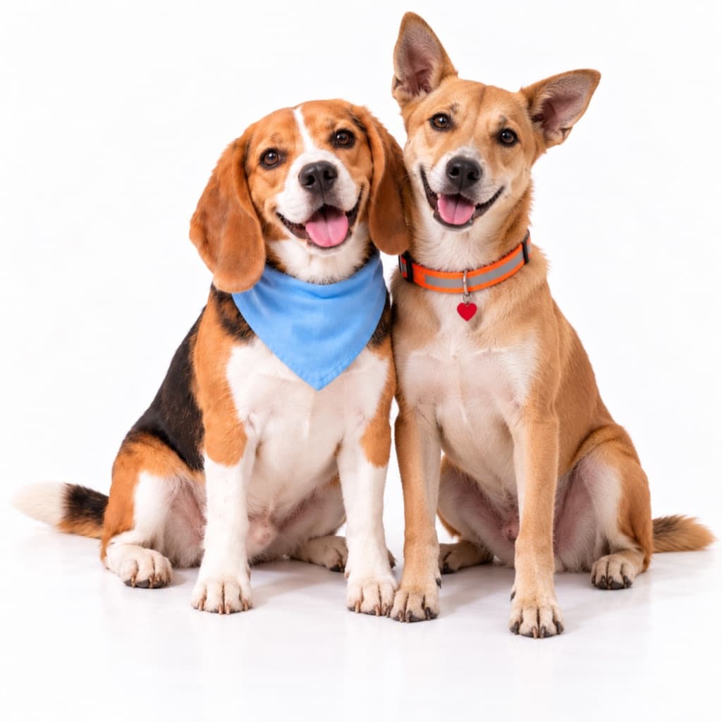A beagle in a light blue bandana sitting beside an Indian street dog wearing an orange reflective collar with a red heart tag