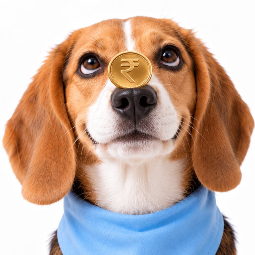 A beagle balancing a gold rupee coin on its nose