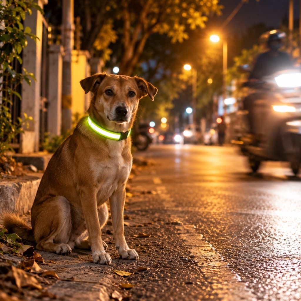 A street dog wearing a reflective collar at night