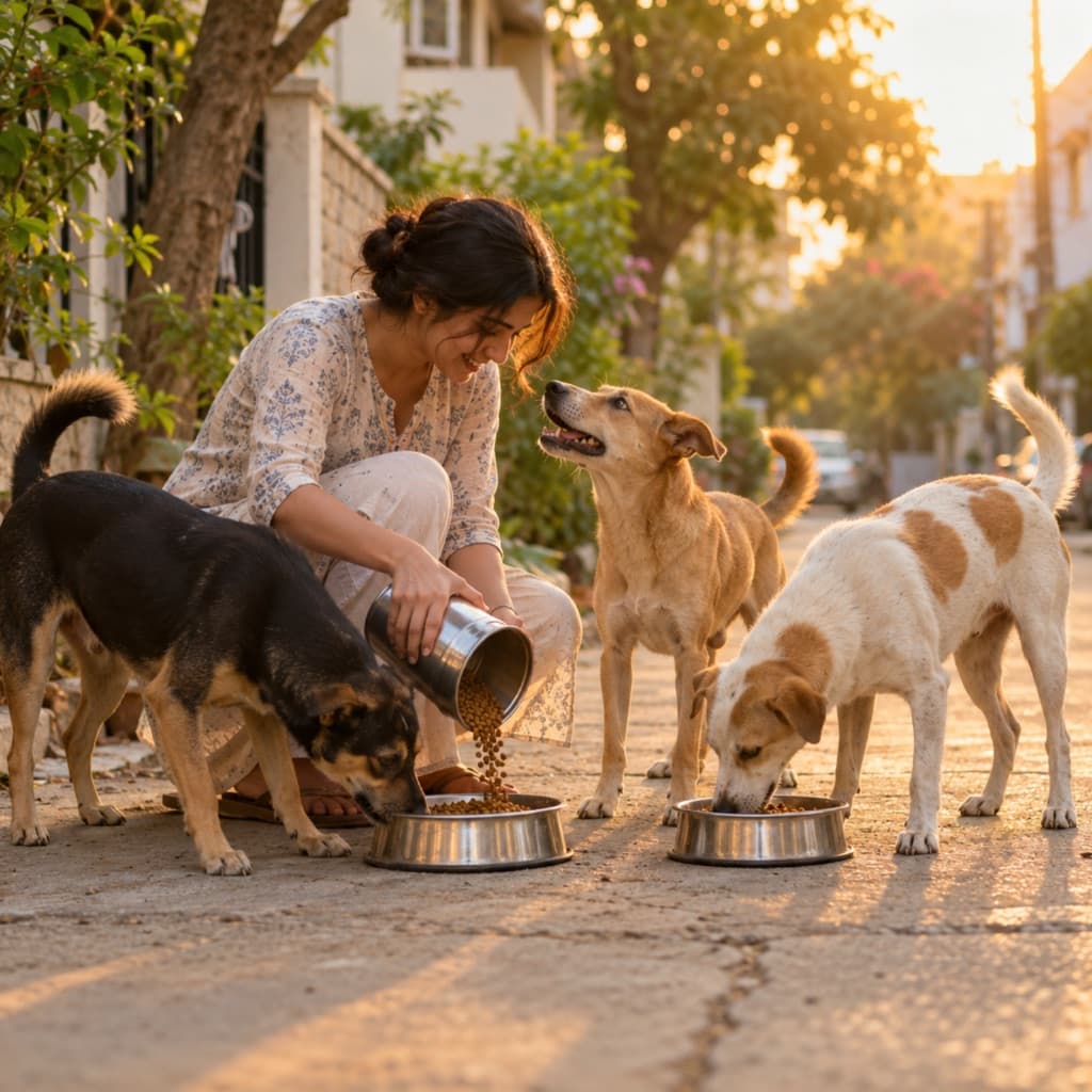 A street dog being given a meal