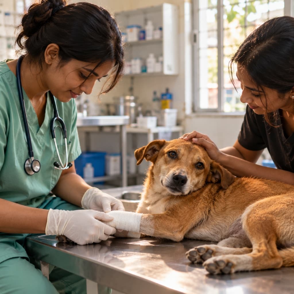 A street dog being looked after by a vet